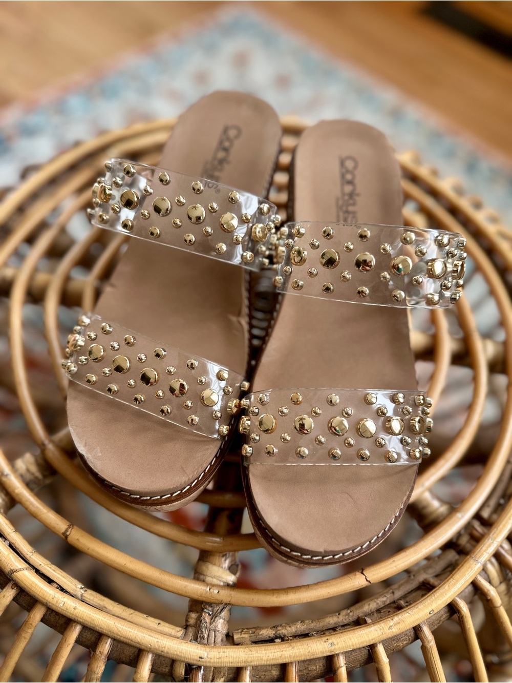 Corky’s Clear Double-Strap Slide Sandals with Gold Studs - Women